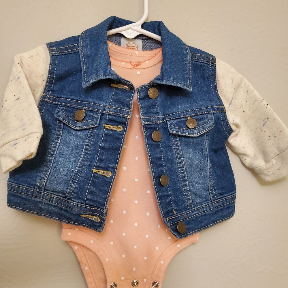 Wonder Nation Baby Girls Jean Jacket & Carters Onesie 0-3 Months Bundle